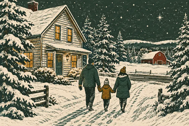 Linocut night scene of two adults and a child in winter coats leaving a lit farmhouse along a snowy path toward the road, one adult holding a phone