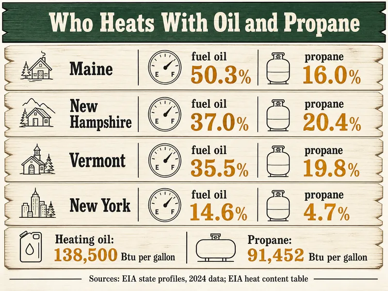 Tally-board chart titled Who Heats With Oil and Propane, showing household shares: Maine 50.3% fuel oil and 16.0% propane, New Hampshire 37.0% fuel oil and 20.4% propane, Vermont 35.5% fuel oil and 19.8% propane, New York 14.6% fuel oil and 4.7% propane; bottom tile: heating oil 138,500 Btu per gallon, propane 91,452 Btu per gallon; sources EIA state profiles, 2024 data, and EIA heat content table